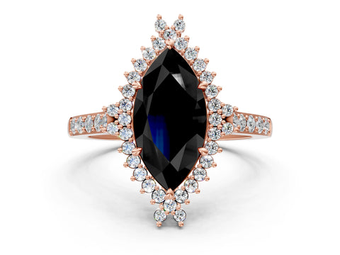 Rose gold Fancy Black Marquise Cut Cut Diamond Sunburst Halo Engagement Ring with Pavé Band