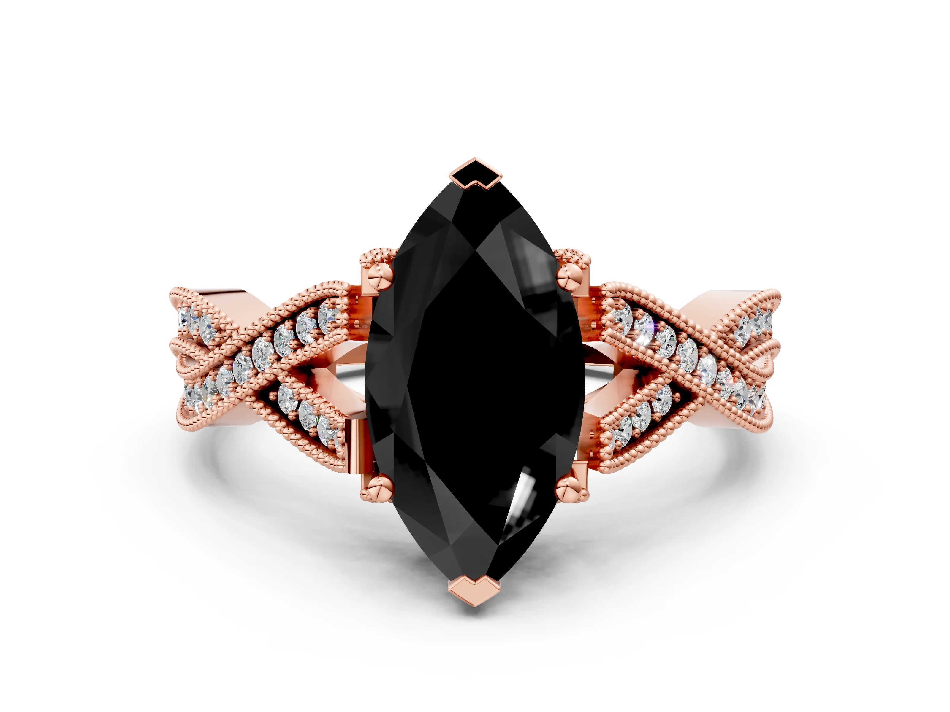 Rose gold Fancy Black Marquise Cut Cut Diamond Twisted Band with Milgrain Pave Setting and Four-Prong Setting