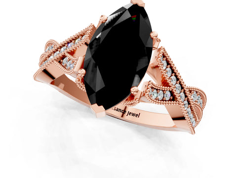 Rose gold Fancy Black Marquise Cut Cut Diamond Twisted Band with Milgrain Pave Setting and Four-Prong Setting_1