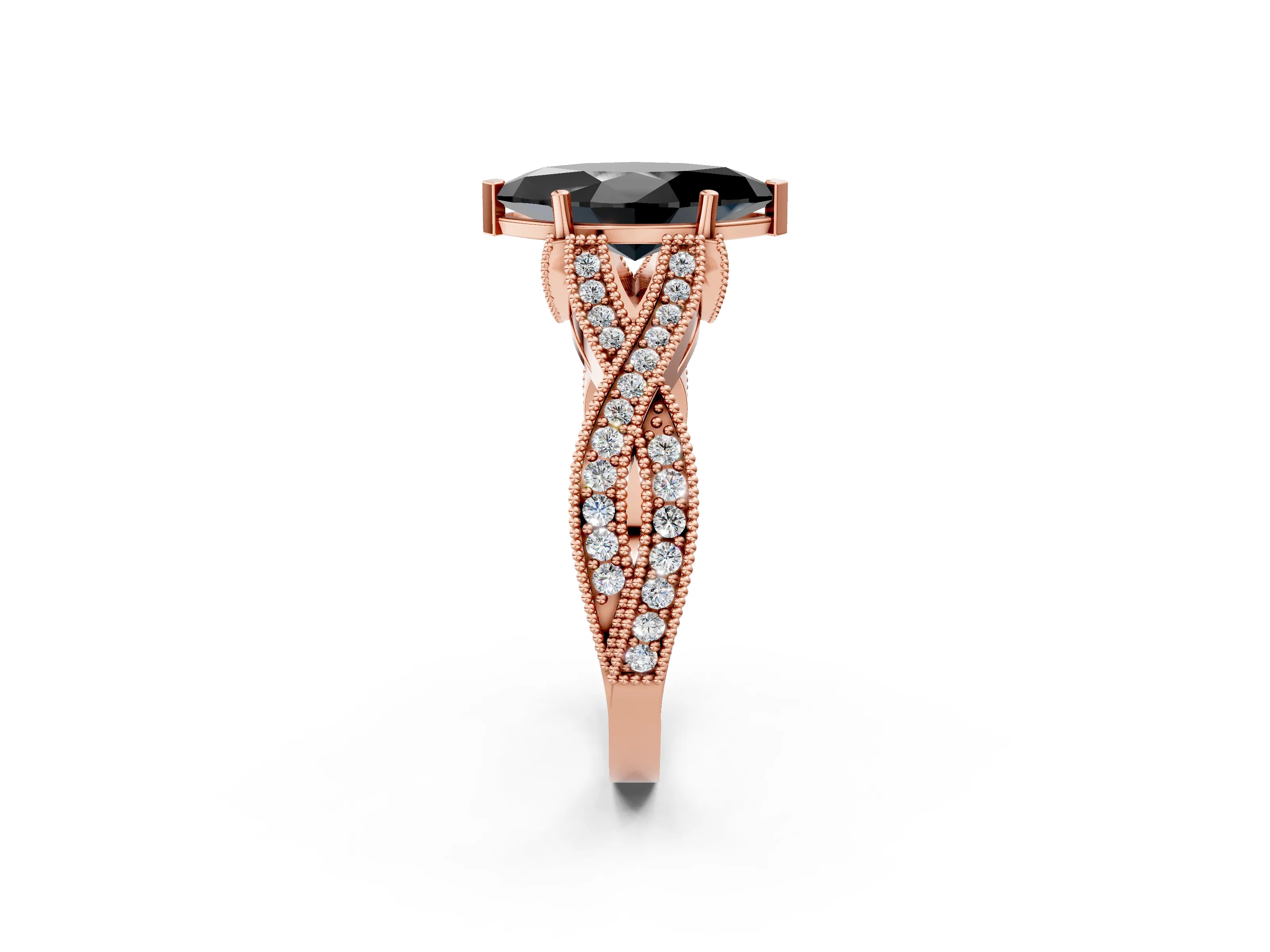 Rose gold Fancy Black Marquise Cut Cut Diamond Twisted Band with Milgrain Pave Setting and Four-Prong Setting_2
