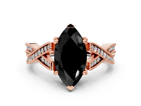 Rose gold Fancy Black Marquise Cut Cut Diamond Twisted Band with Milgrain Pave Setting and Four-Prong Setting
