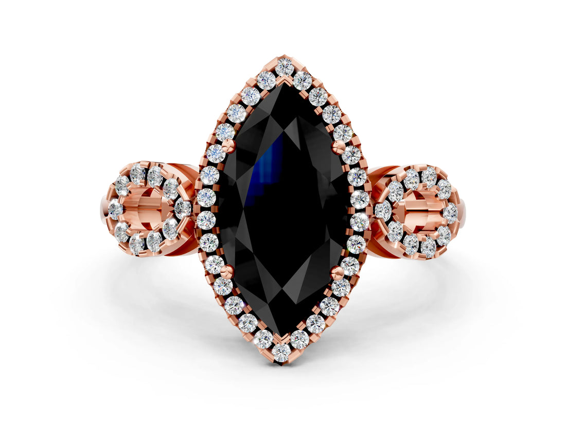 Rose gold Fancy Black Marquise Cut Cut Halo Diamond Infinity Band with Four-Prong Setting