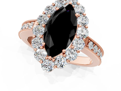 Rose gold Fancy Black Marquise Cut Cut Halo Diamond Pavé Engagement Ring with Milgrain Detailing_1