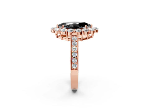 Rose gold Fancy Black Marquise Cut Cut Halo Diamond Pavé Engagement Ring with Milgrain Detailing_2