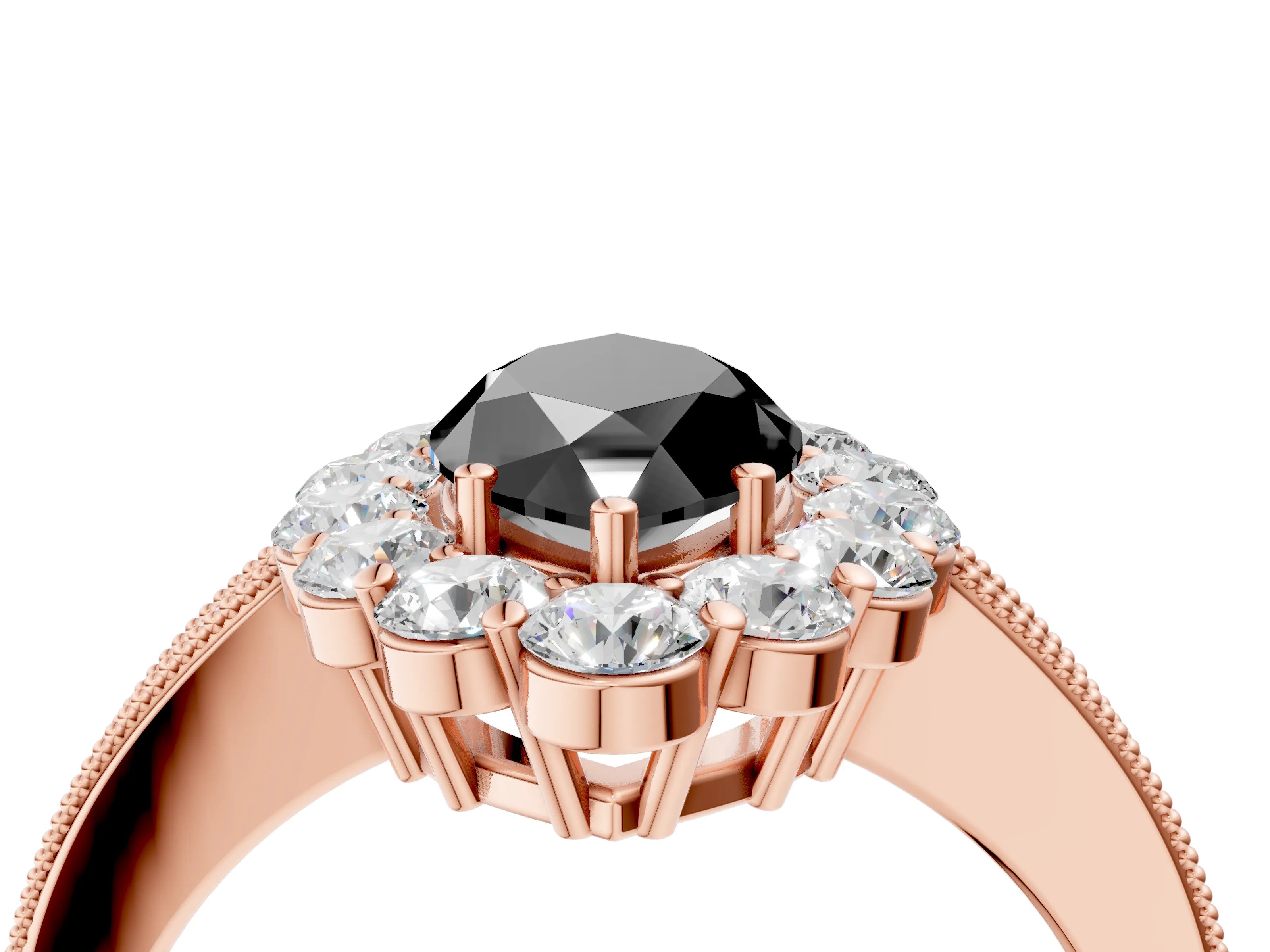 Rose gold Fancy Black Marquise Cut Cut Halo Diamond Pavé Engagement Ring with Milgrain Detailing_4