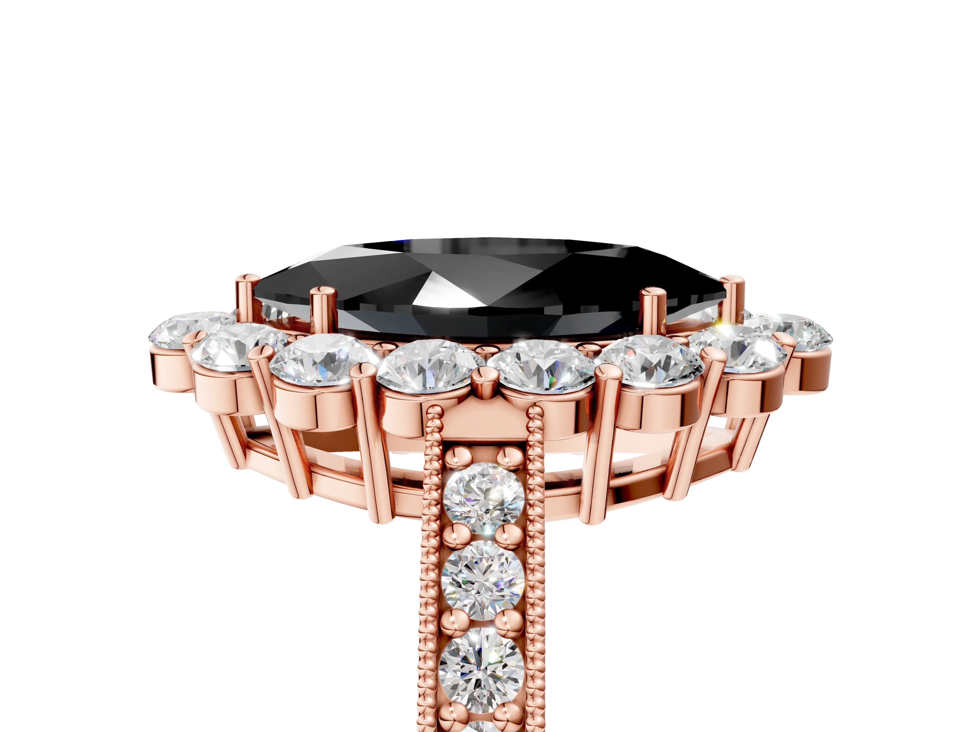 Rose gold Fancy Black Marquise Cut Cut Halo Diamond Pavé Engagement Ring with Milgrain Detailing_5