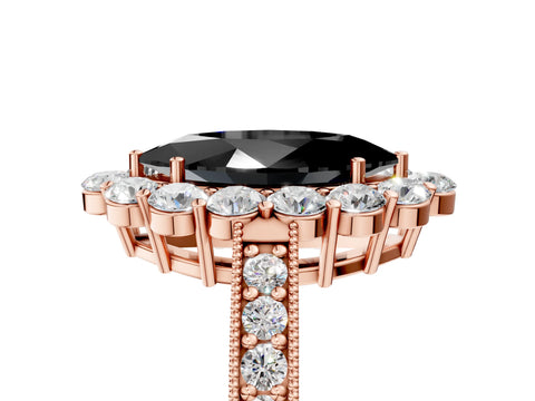 Rose gold Fancy Black Marquise Cut Cut Halo Diamond Pavé Engagement Ring with Milgrain Detailing_5