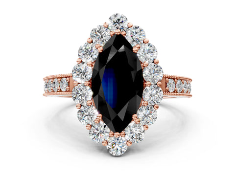 Rose gold Fancy Black Marquise Cut Cut Halo Diamond Pavé Engagement Ring with Milgrain Detailing