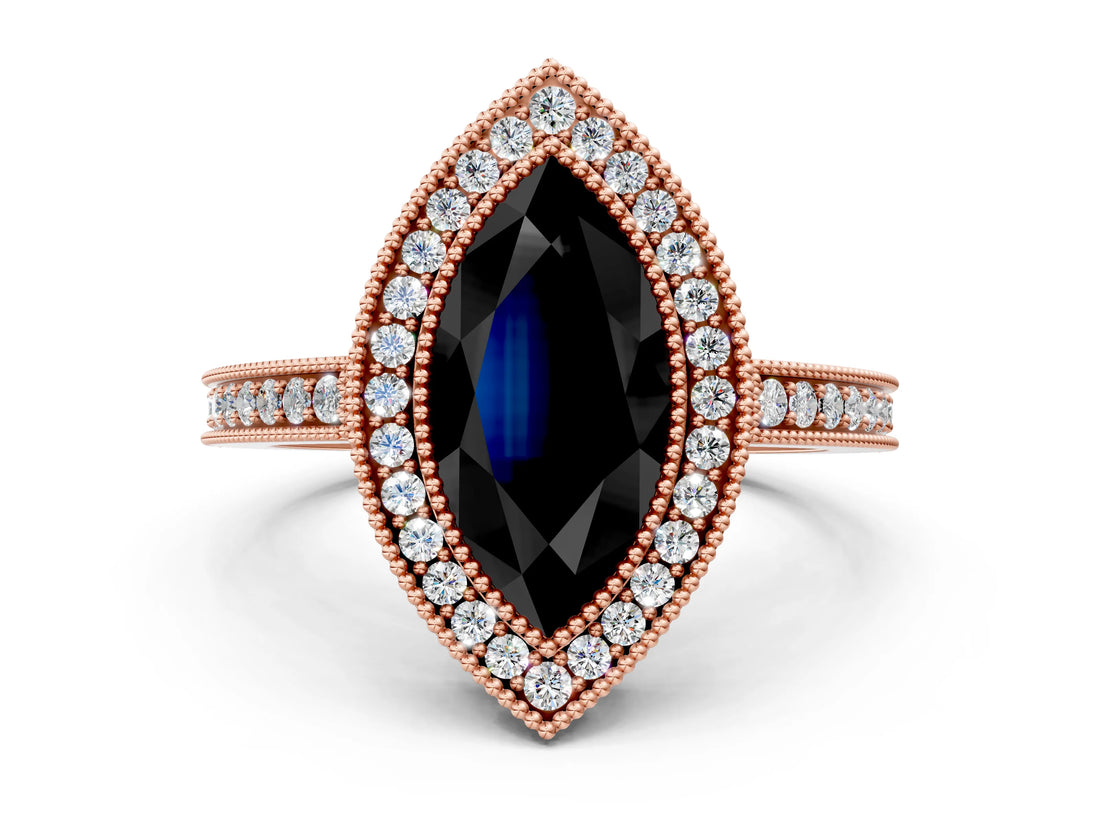 Rose gold Fancy Black Marquise Cut Cut Halo Pavé Diamond Ring