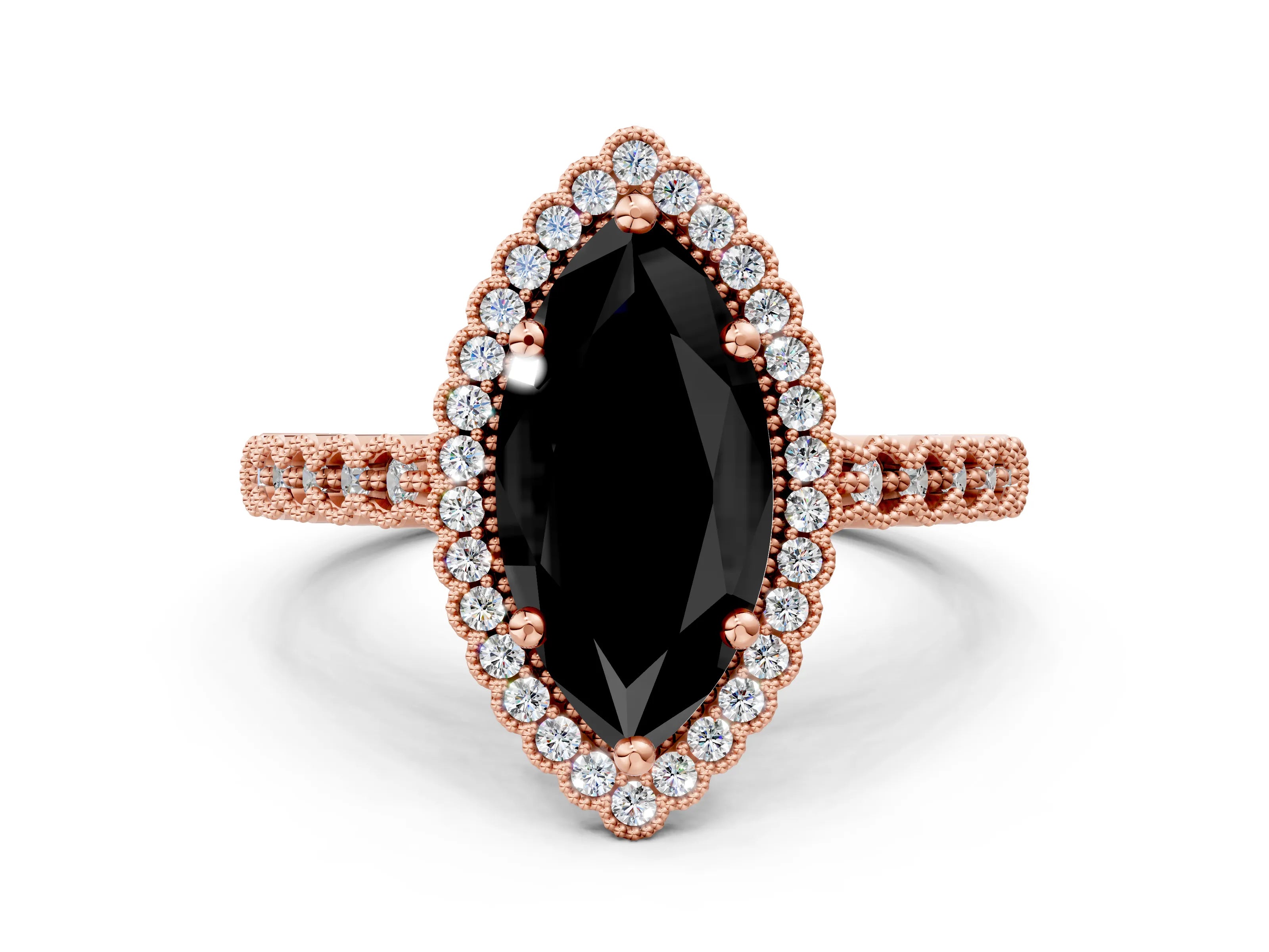 Rose gold Fancy Black Marquise Cut Cut Halo Pavé Solitaire Ring with Milgrain Band
