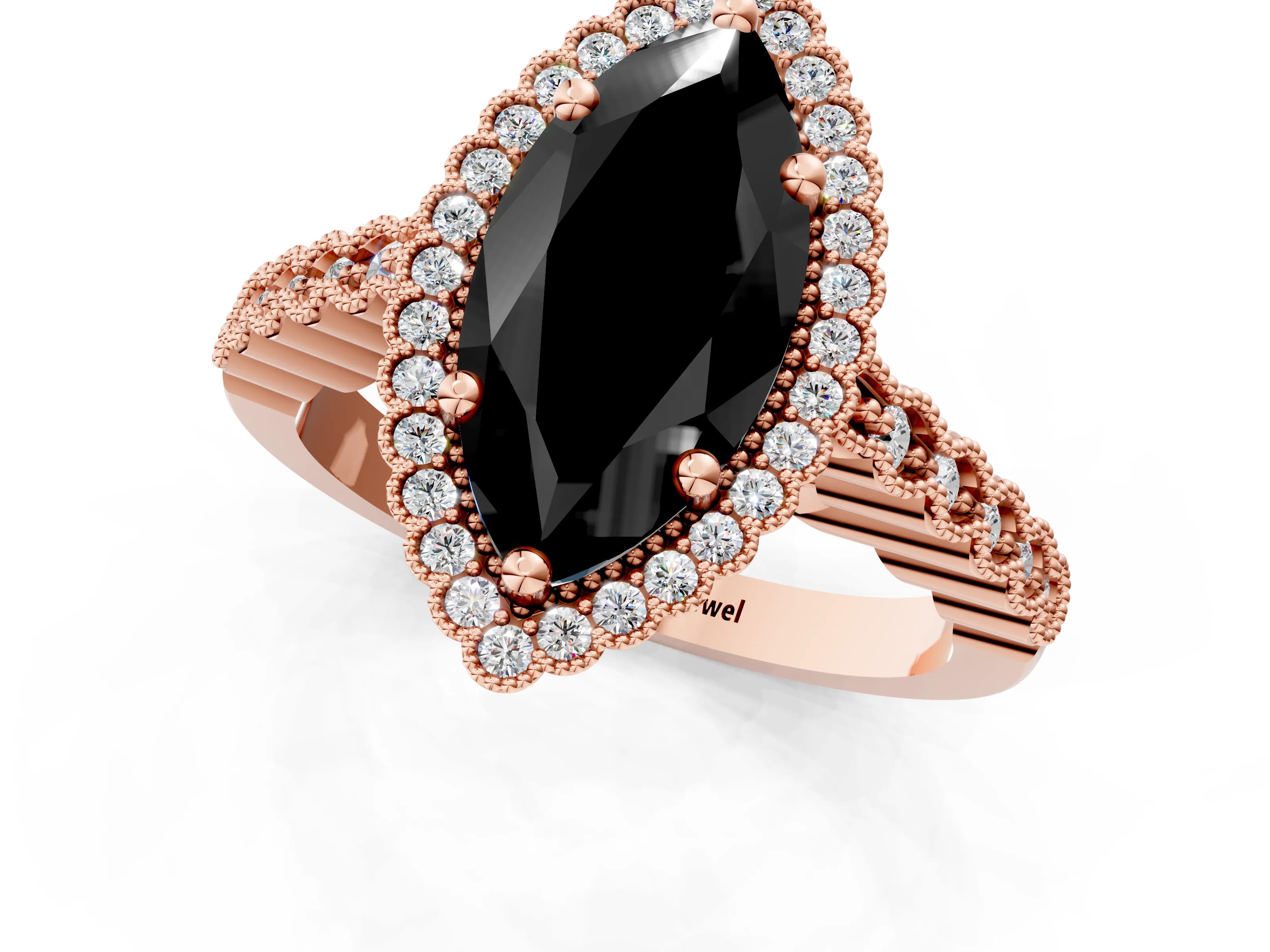 Rose gold Fancy Black Marquise Cut Cut Halo Pavé Solitaire Ring with Milgrain Band_1