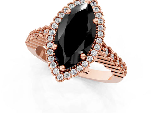 Rose gold Fancy Black Marquise Cut Cut Halo Pavé Solitaire Ring with Milgrain Band_1