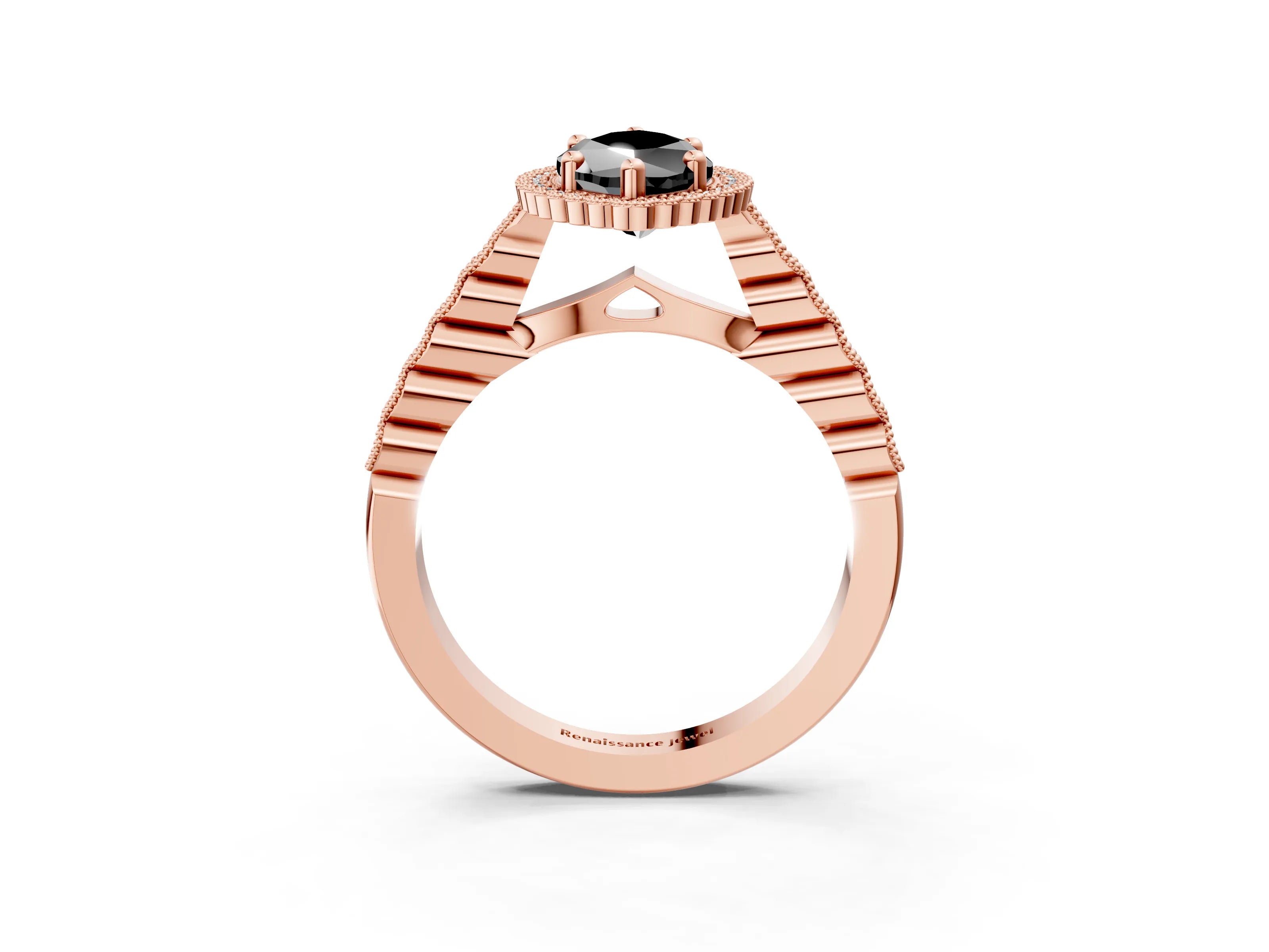 Rose gold Fancy Black Marquise Cut Cut Halo Pavé Solitaire Ring with Milgrain Band_3