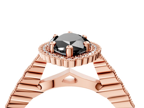Rose gold Fancy Black Marquise Cut Cut Halo Pavé Solitaire Ring with Milgrain Band_4