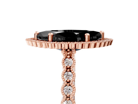 Rose gold Fancy Black Marquise Cut Cut Halo Pavé Solitaire Ring with Milgrain Band_5