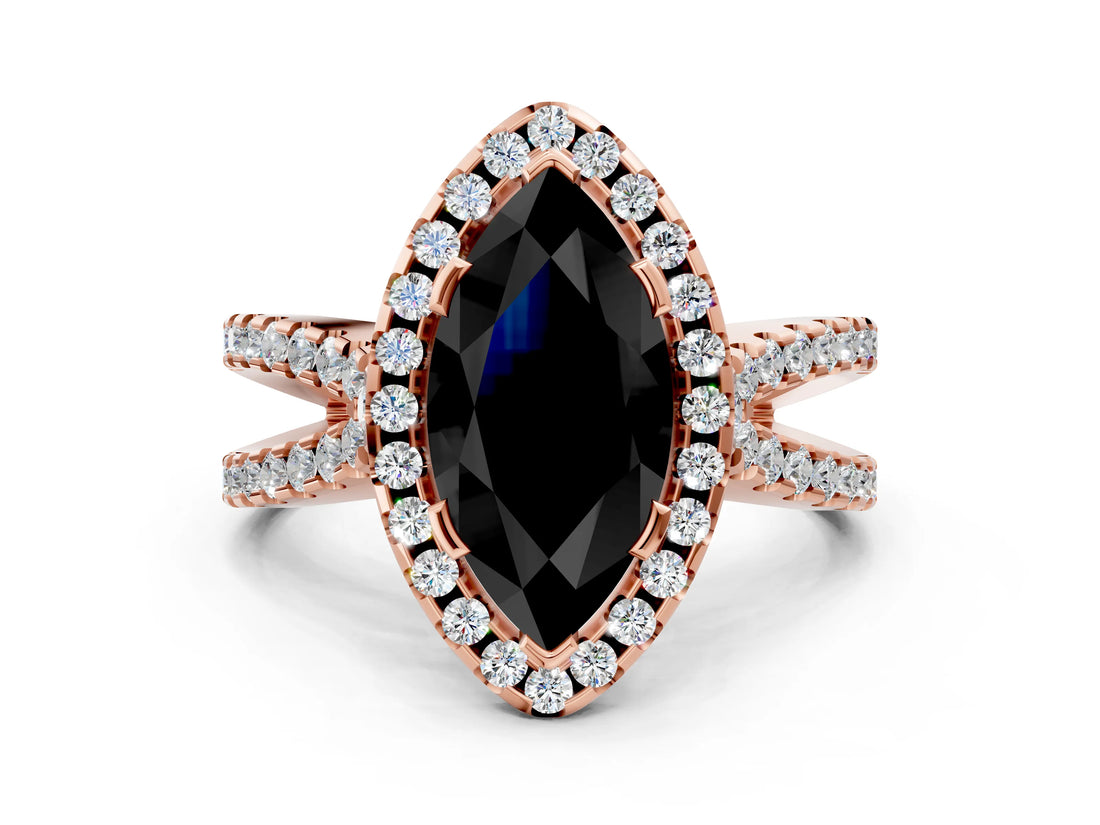 Rose gold Fancy Black Marquise Cut Cut Halo Split Shank Pave Set Ring