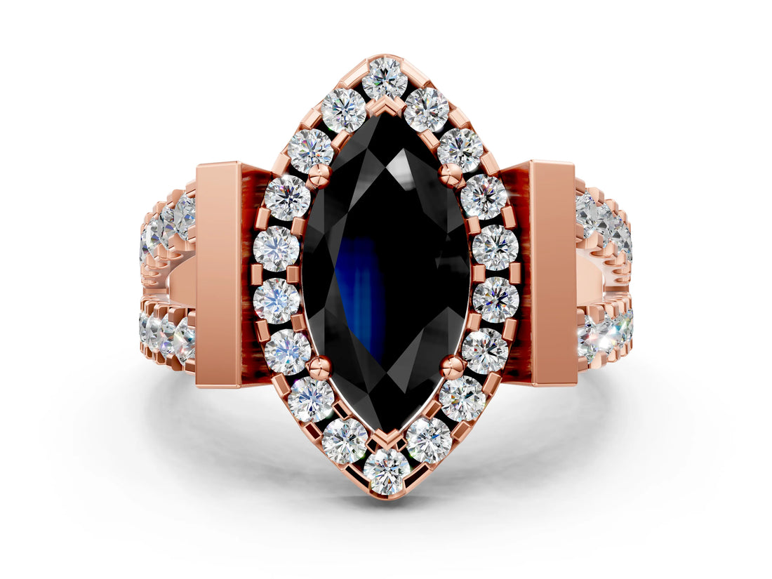 Rose gold Fancy Black Marquise Cut Cut Halo Split Shank Prong Set Ring