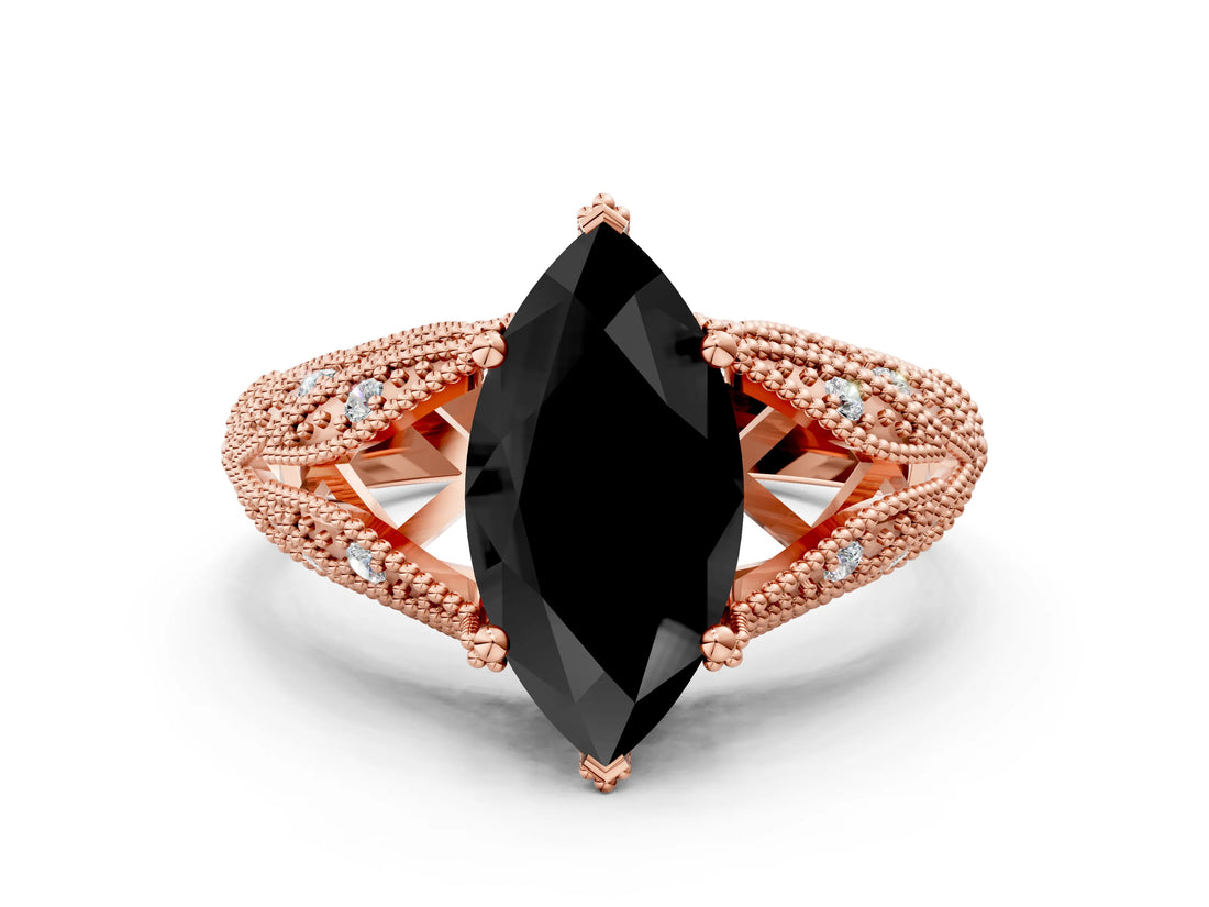 Rose gold Fancy Black Marquise Cut Cut Milgrain Pave Diamond Engagement Ring with Four-Prong Setting_3
