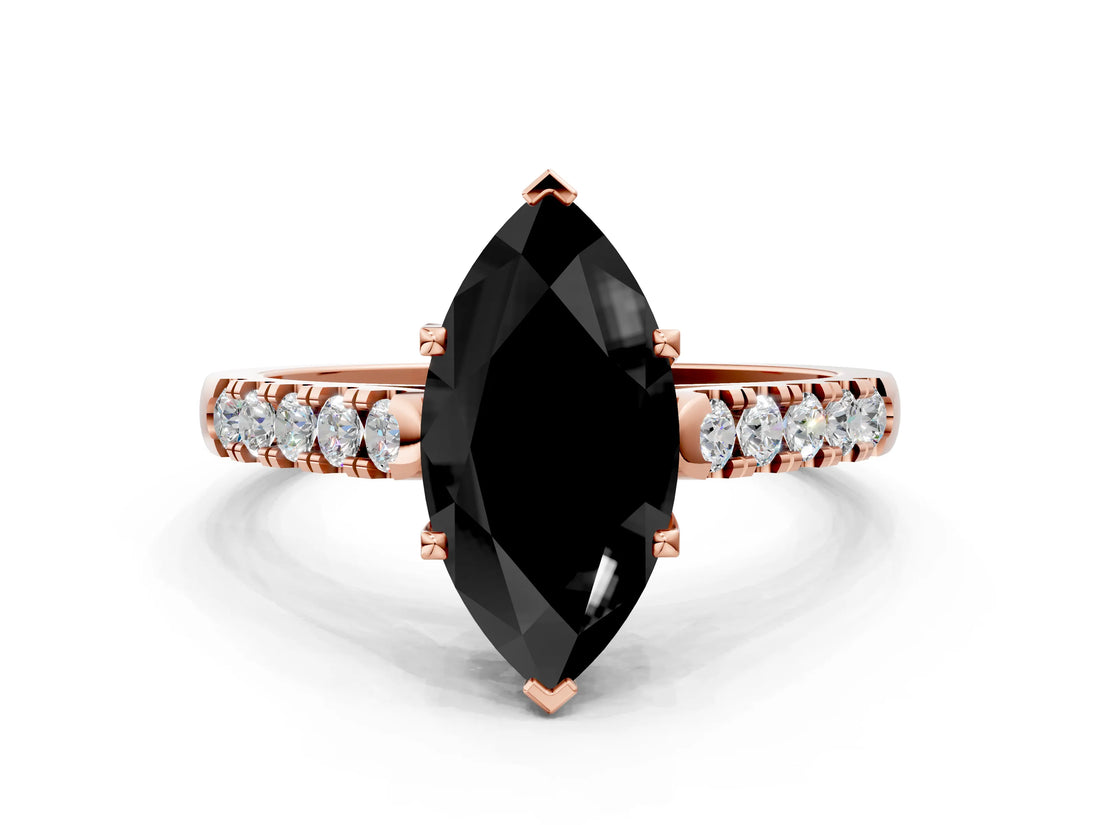 Rose gold Fancy Black Marquise Cut Cut Pavé Band Solitaire Ring with Four-Prong Setting