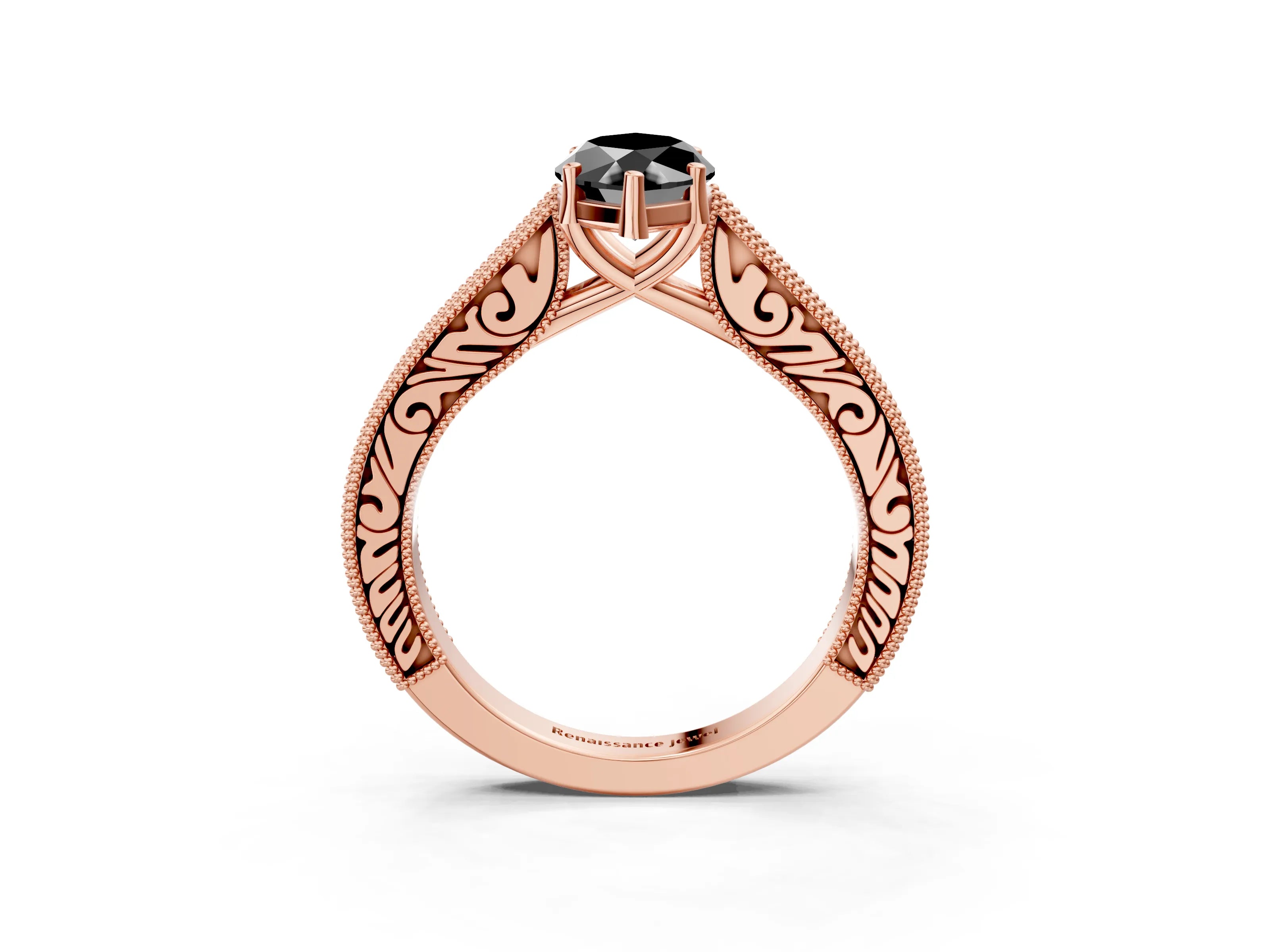 Rose gold Fancy Black Marquise Cut Cut Pave Band Milgrain Solitaire Ring_10