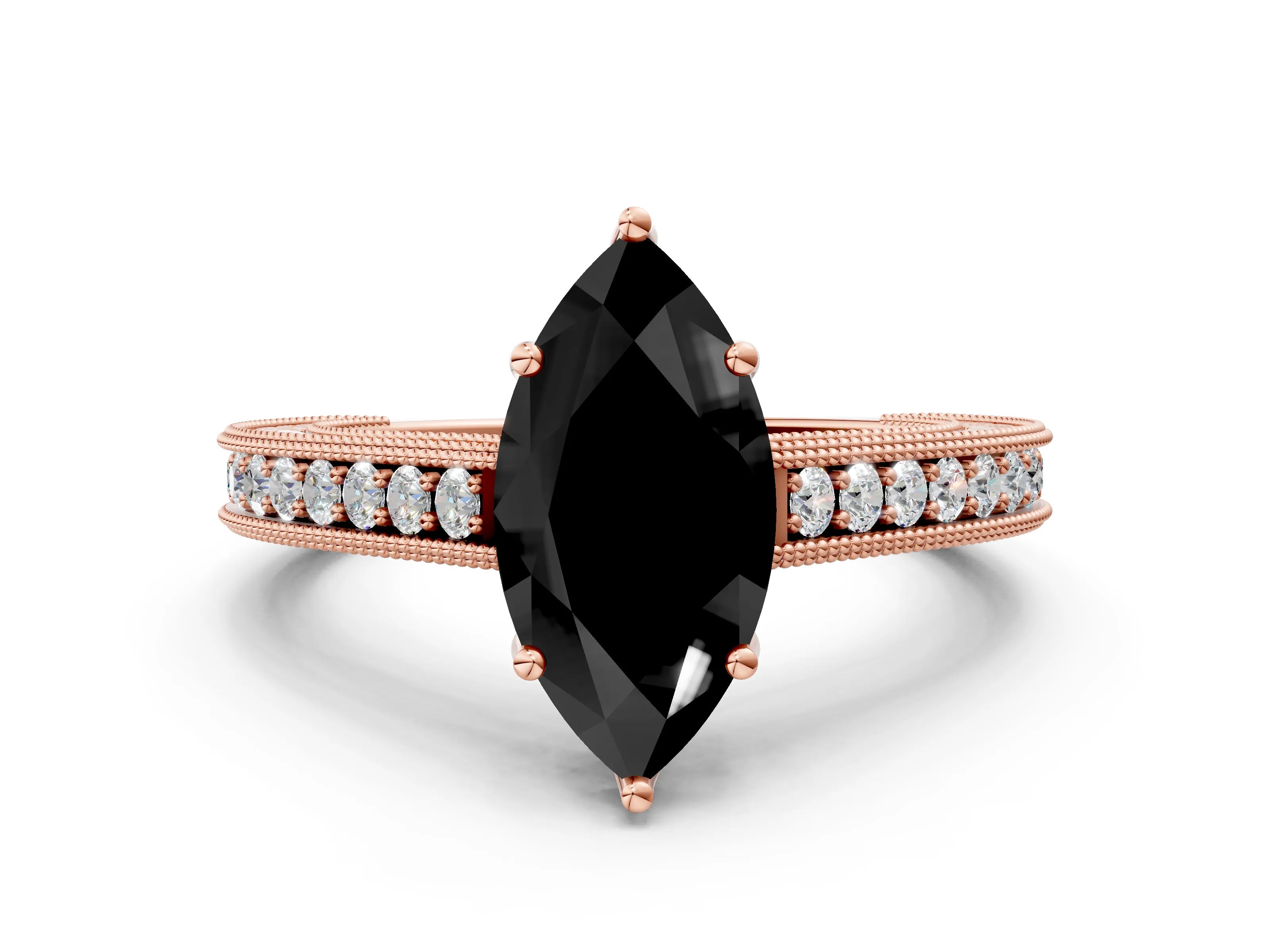 Rose gold Fancy Black Marquise Cut Cut Pave Band Milgrain Solitaire Ring_22