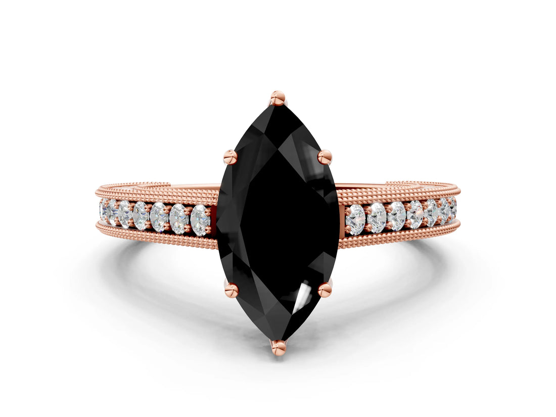 Rose gold Fancy Black Marquise Cut Cut Pave Band Milgrain Solitaire Ring_7