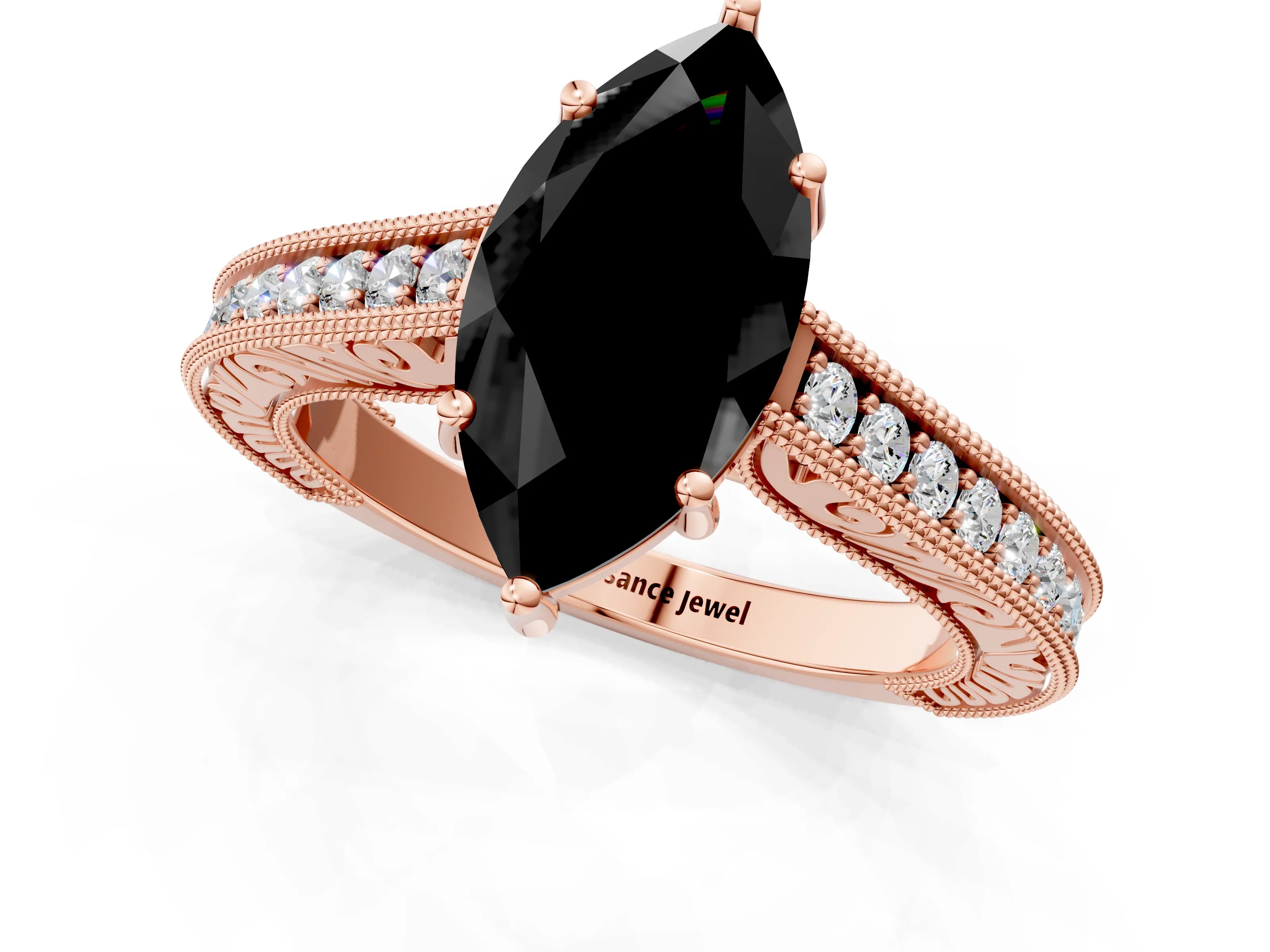 Rose gold Fancy Black Marquise Cut Cut Pave Band Milgrain Solitaire Ring_8