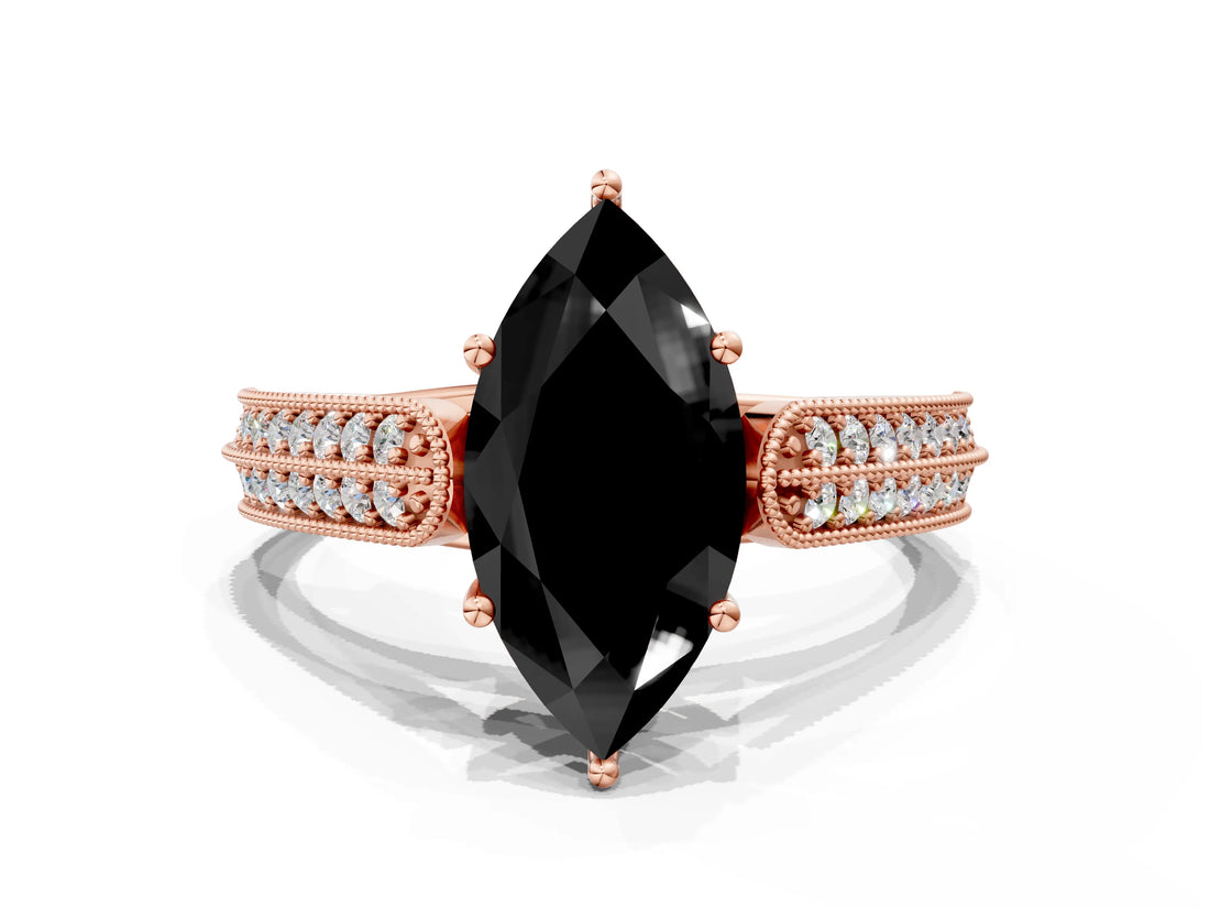 Rose gold Fancy Black Marquise Cut Cut Pave Split Shank Engagement Ring with Four-Prong Setting