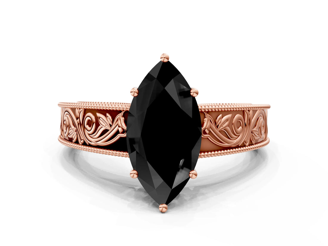 Rose gold Fancy Black Marquise Cut Cut Solitaire Engraved Band with Four-Prong Setting