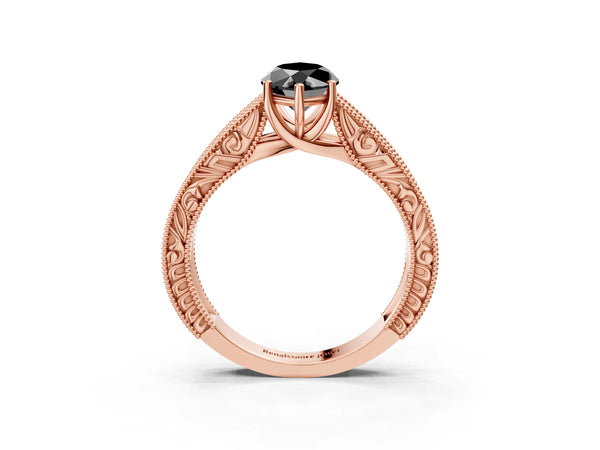 Rose Gold Marquise Vintage Engraved Solitaire Engagement Ring Setting for Black Center