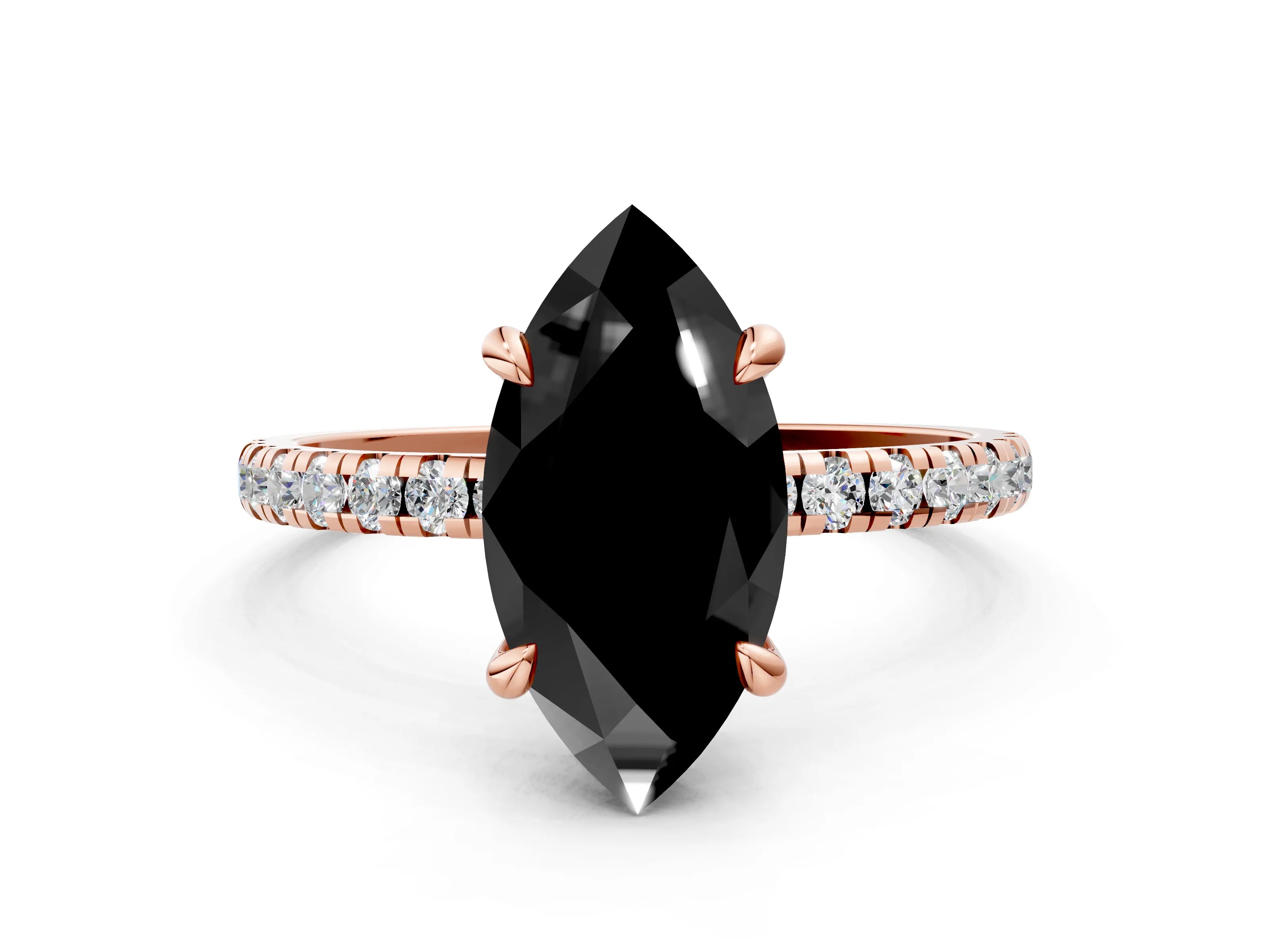 Rose gold Fancy Black Marquise Cut Diamond Brilliant Solitaire Ring with Pavé Band and Four-Prong Setting