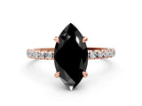 Rose gold Fancy Black Marquise Cut Diamond Brilliant Solitaire Ring with Pavé Band and Four-Prong Setting