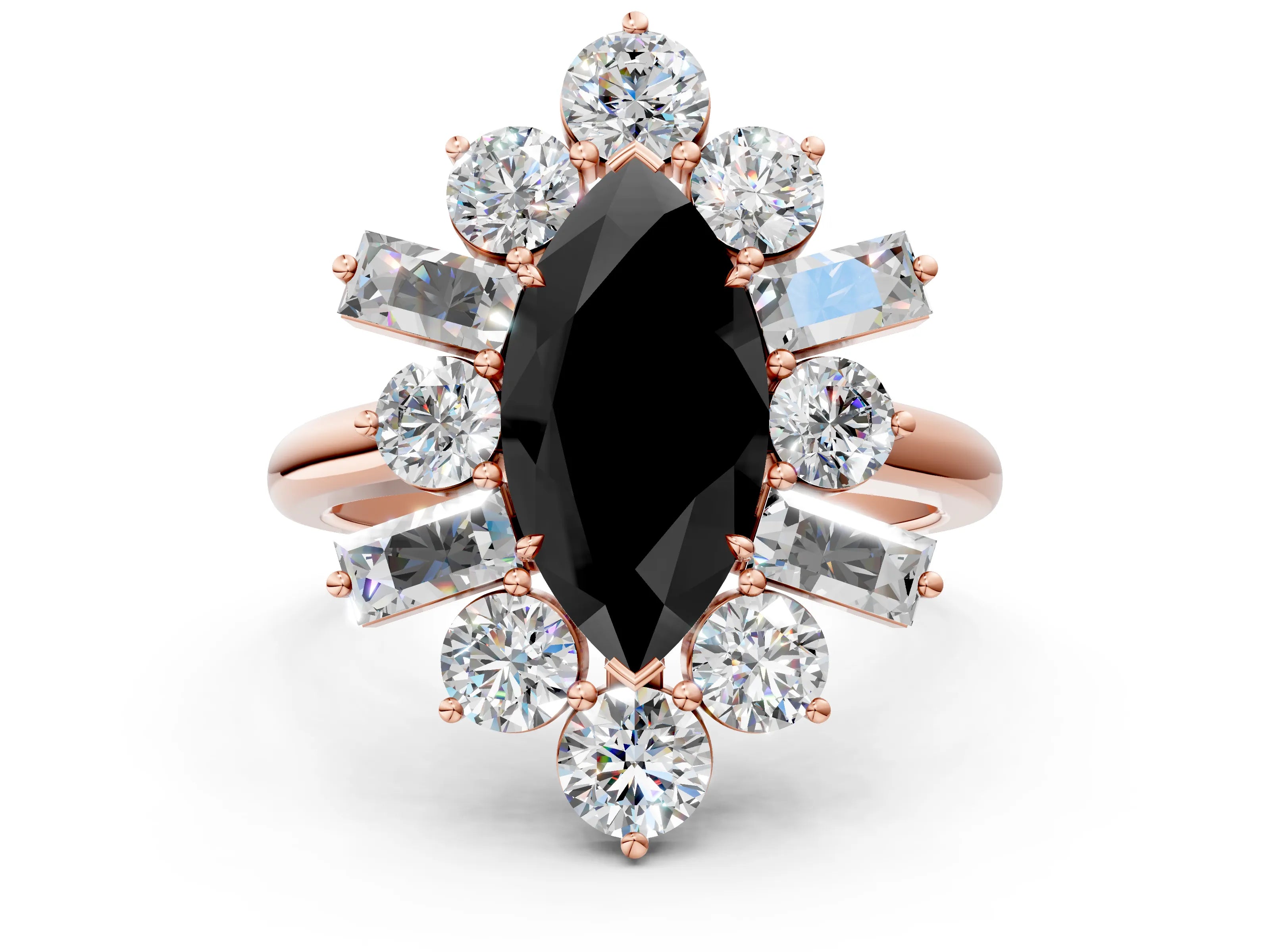 Rose gold Fancy Black Marquise Cut Diamond Cluster Ring with Round and Baguette Stones, Split Shank Band, Prong Setting