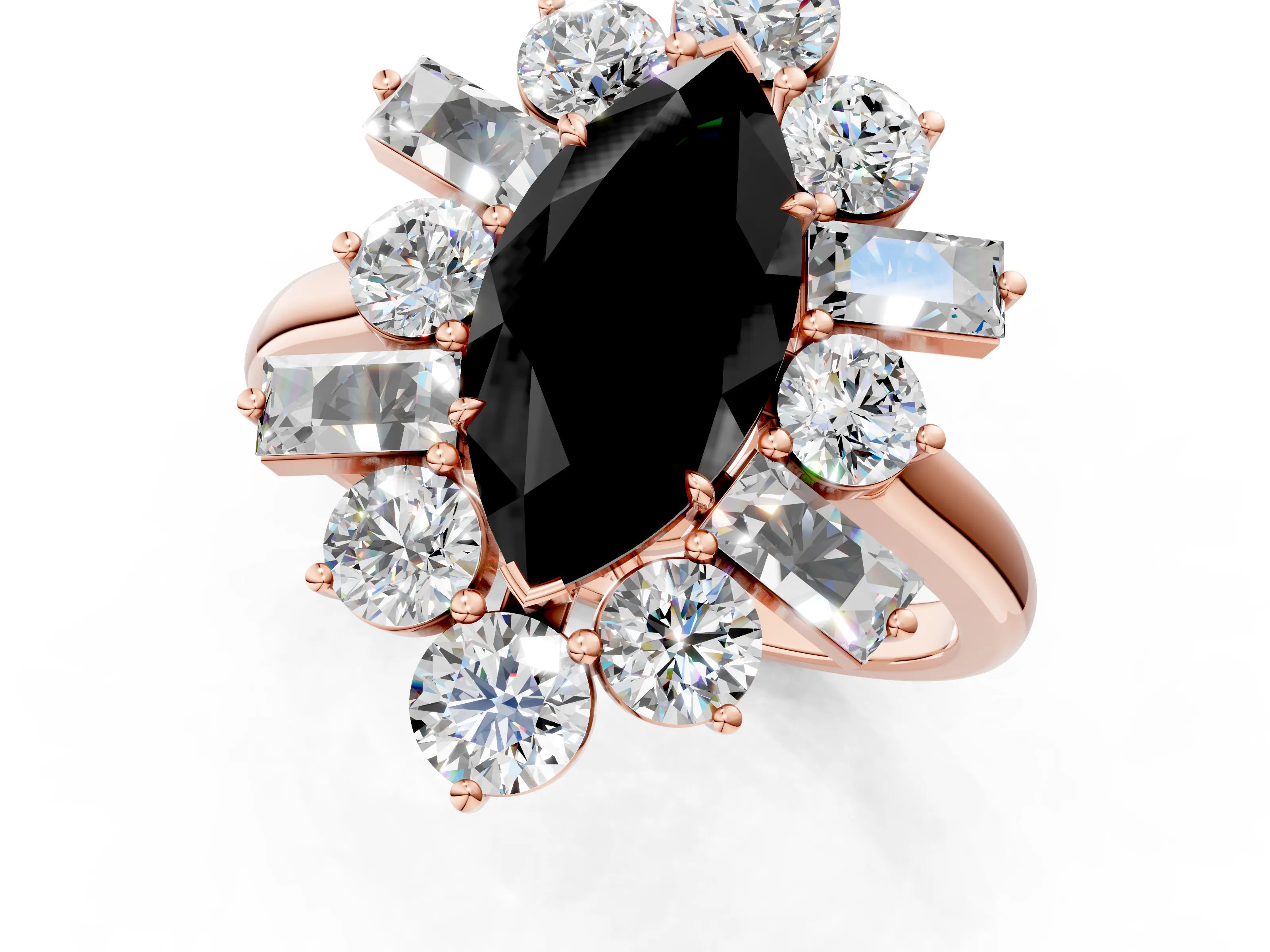 Rose gold Fancy Black Marquise Cut Diamond Cluster Ring with Round and Baguette Stones, Split Shank Band, Prong Setting_1