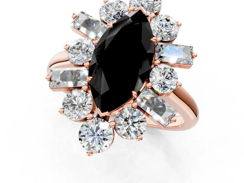 Rose gold Fancy Black Marquise Cut Diamond Cluster Ring with Round and Baguette Stones, Split Shank Band, Prong Setting_1