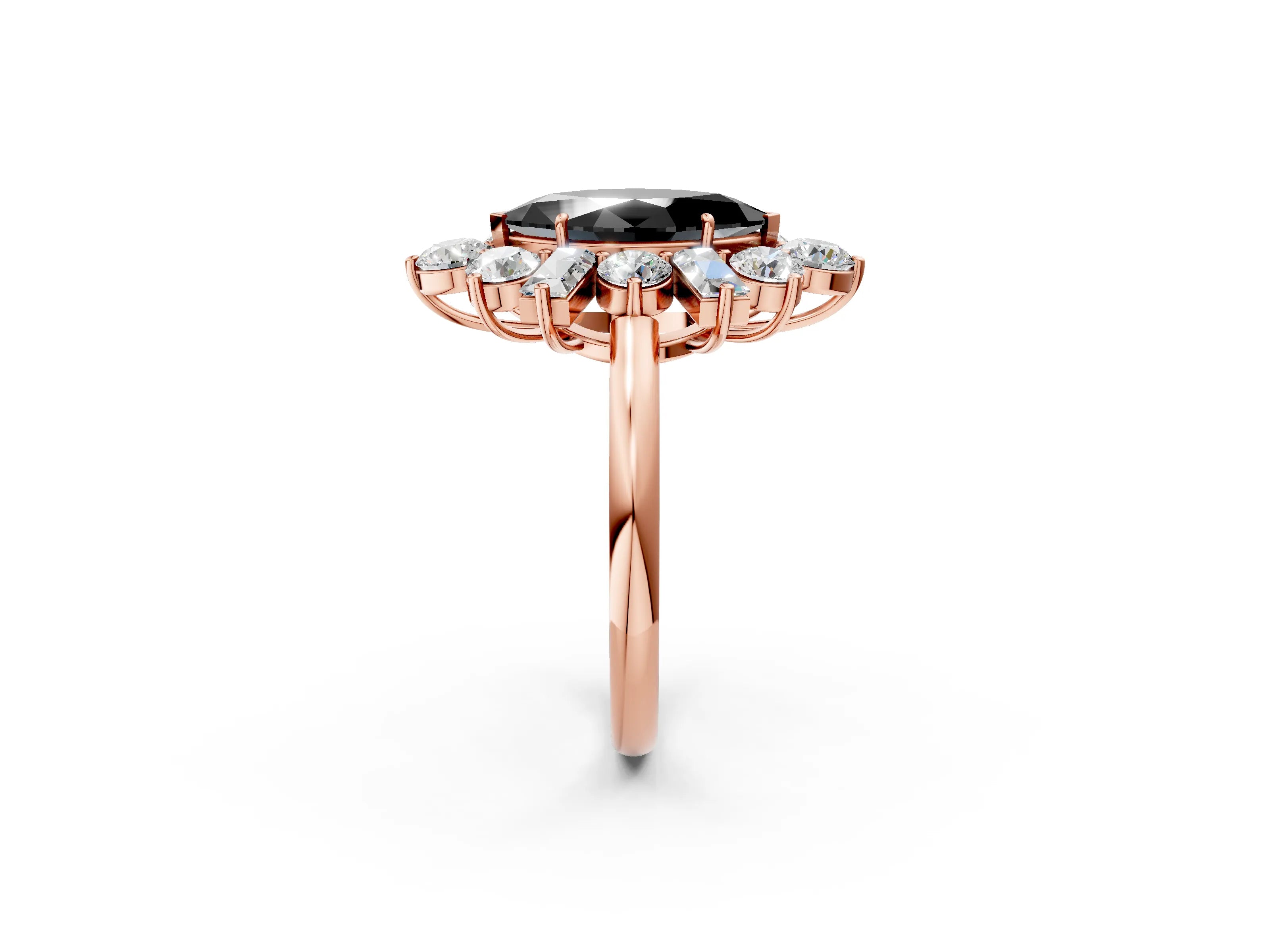 Rose gold Fancy Black Marquise Cut Diamond Cluster Ring with Round and Baguette Stones, Split Shank Band, Prong Setting_2