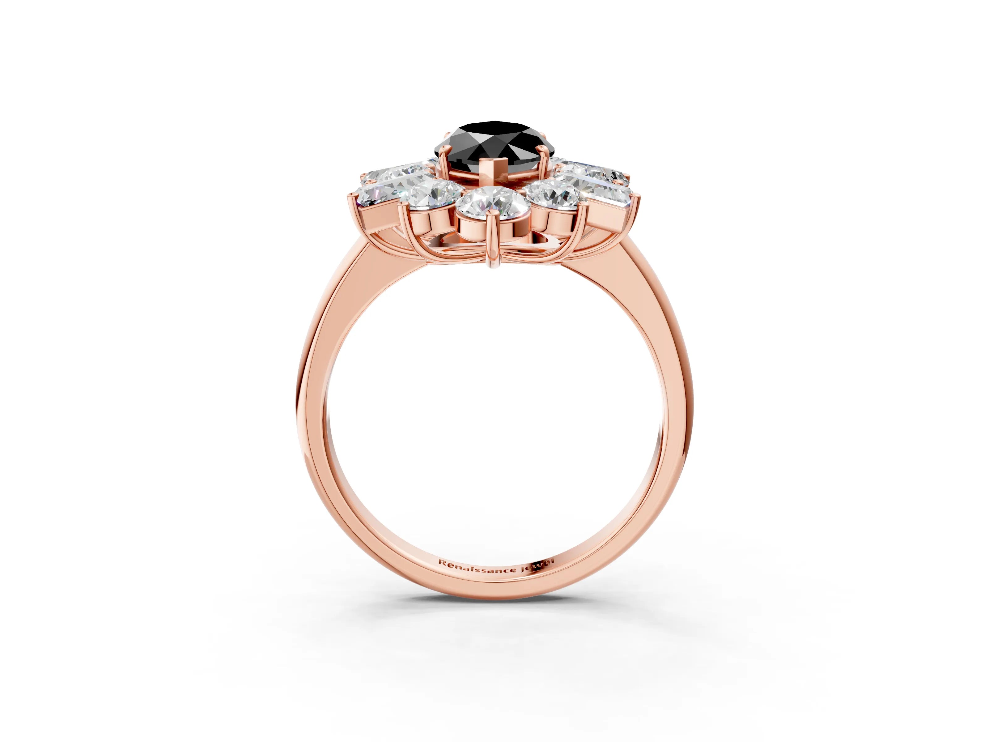Rose gold Fancy Black Marquise Cut Diamond Cluster Ring with Round and Baguette Stones, Split Shank Band, Prong Setting_3