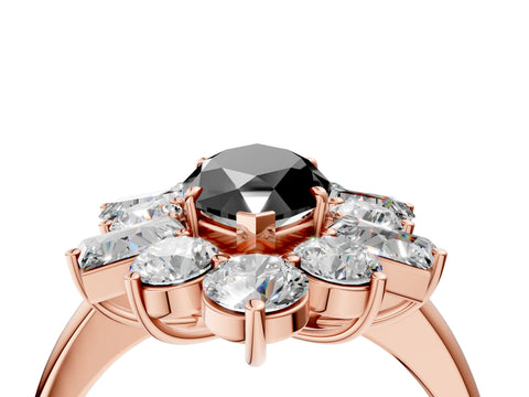 Rose gold Fancy Black Marquise Cut Diamond Cluster Ring with Round and Baguette Stones, Split Shank Band, Prong Setting_4