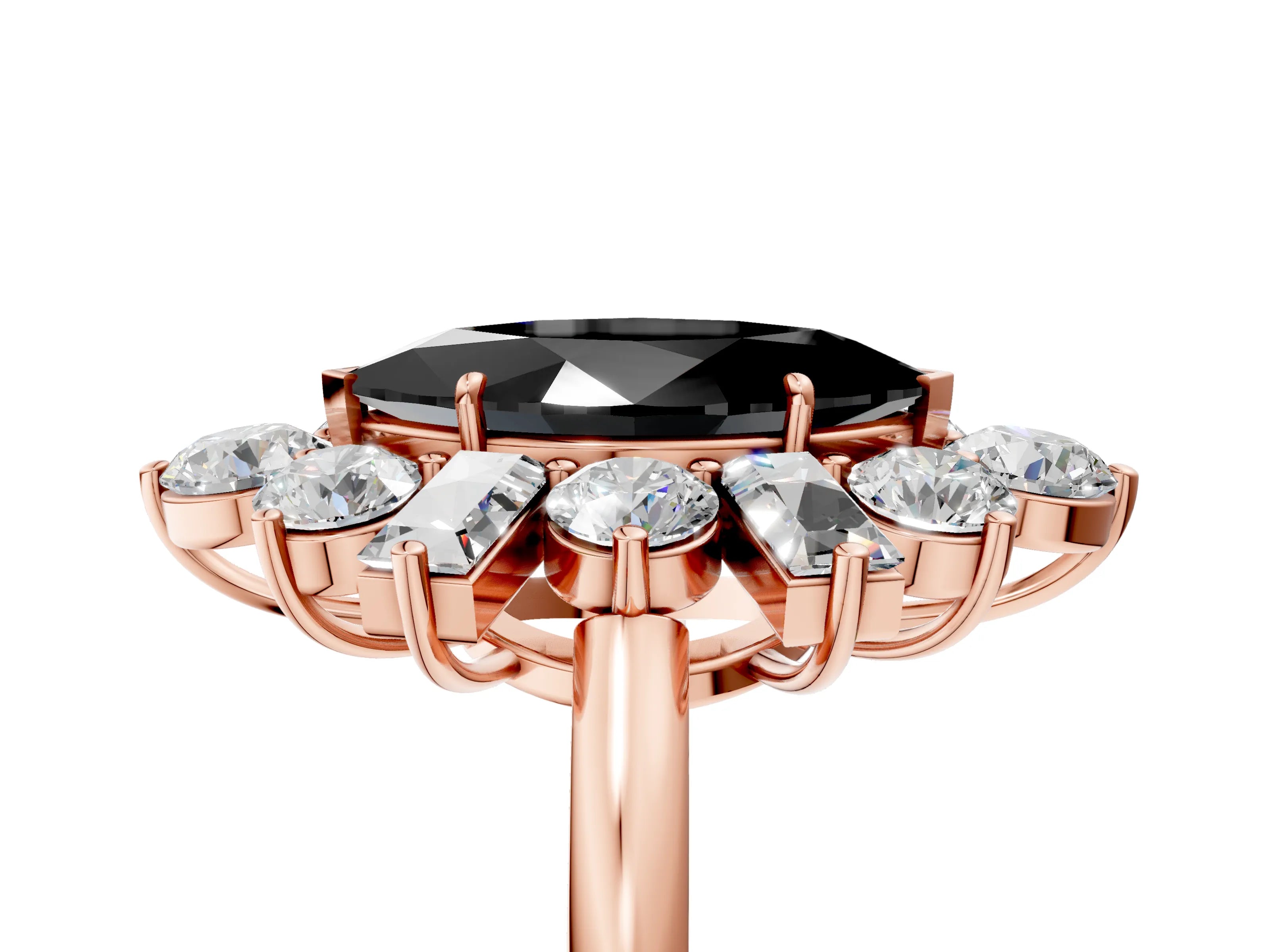 Rose gold Fancy Black Marquise Cut Diamond Cluster Ring with Round and Baguette Stones, Split Shank Band, Prong Setting_5