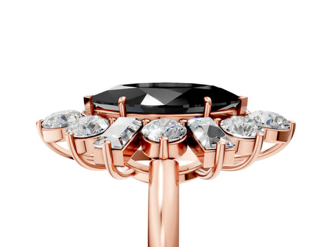 Rose gold Fancy Black Marquise Cut Diamond Cluster Ring with Round and Baguette Stones, Split Shank Band, Prong Setting_5