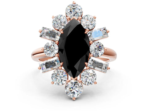 Rose gold Fancy Black Marquise Cut Diamond Cluster Ring with Round and Baguette Stones, Split Shank Band, Prong Setting