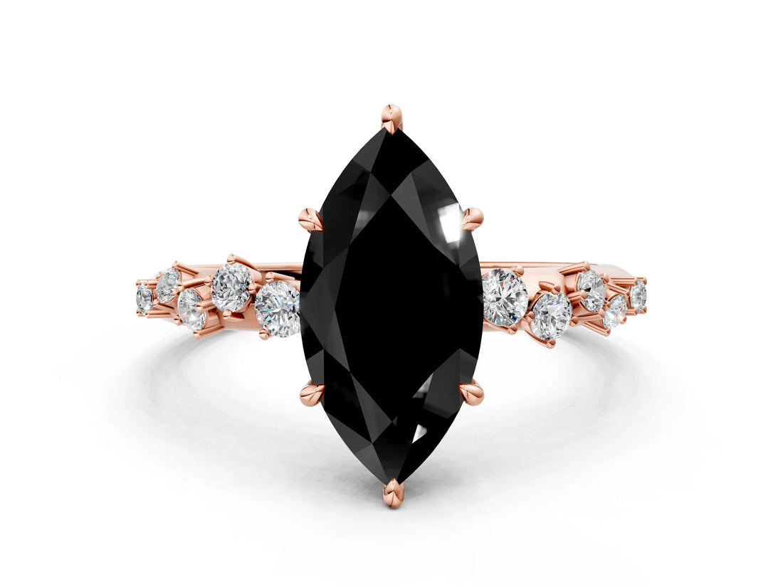 Rose gold Fancy Black Marquise Cut Diamond Cluster Side Stone Solitaire Ring with Prong Setting_24