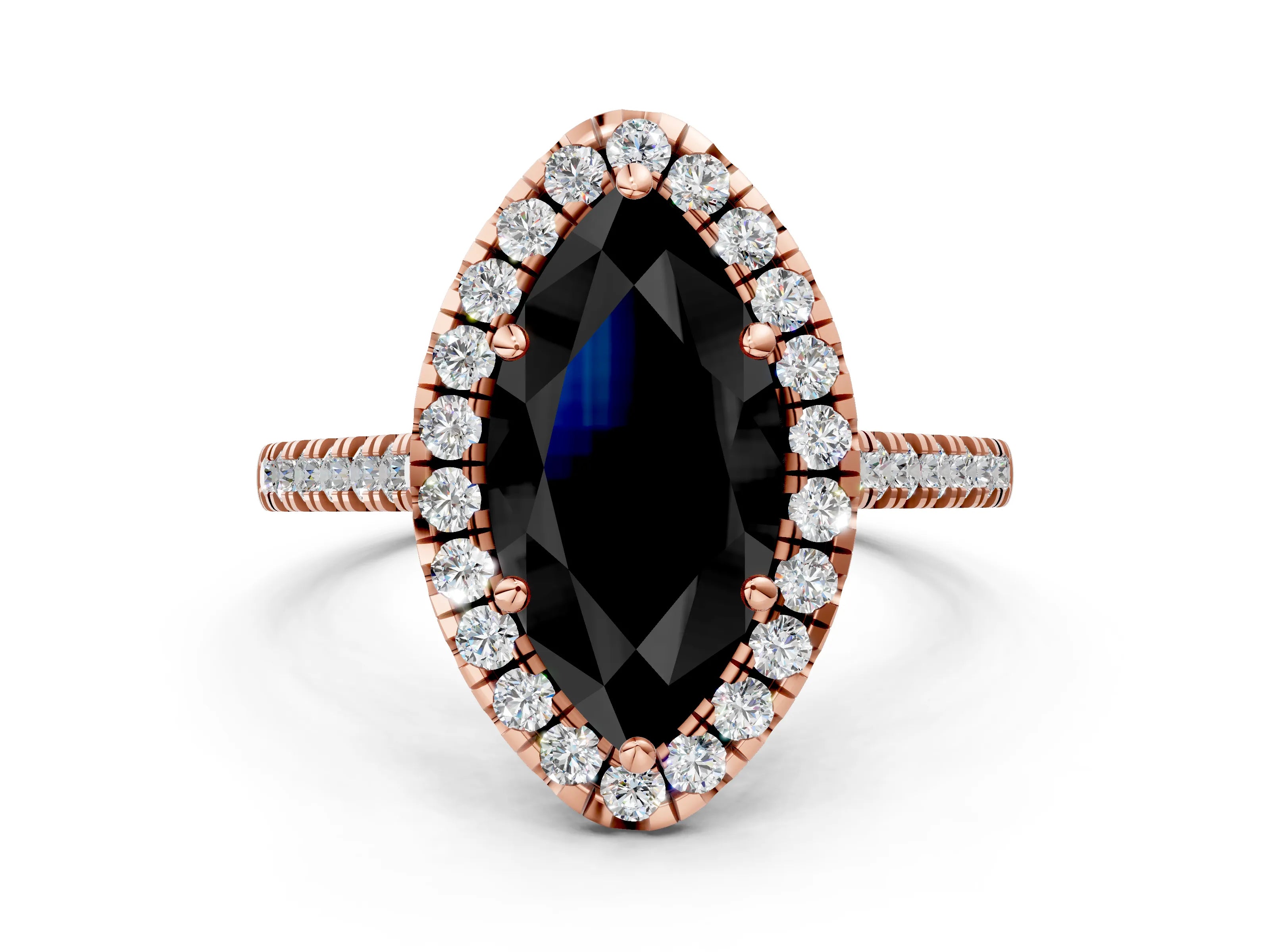 Rose gold Fancy Black Marquise Cut Diamond Cushion Halo Ring with Pavé Band
