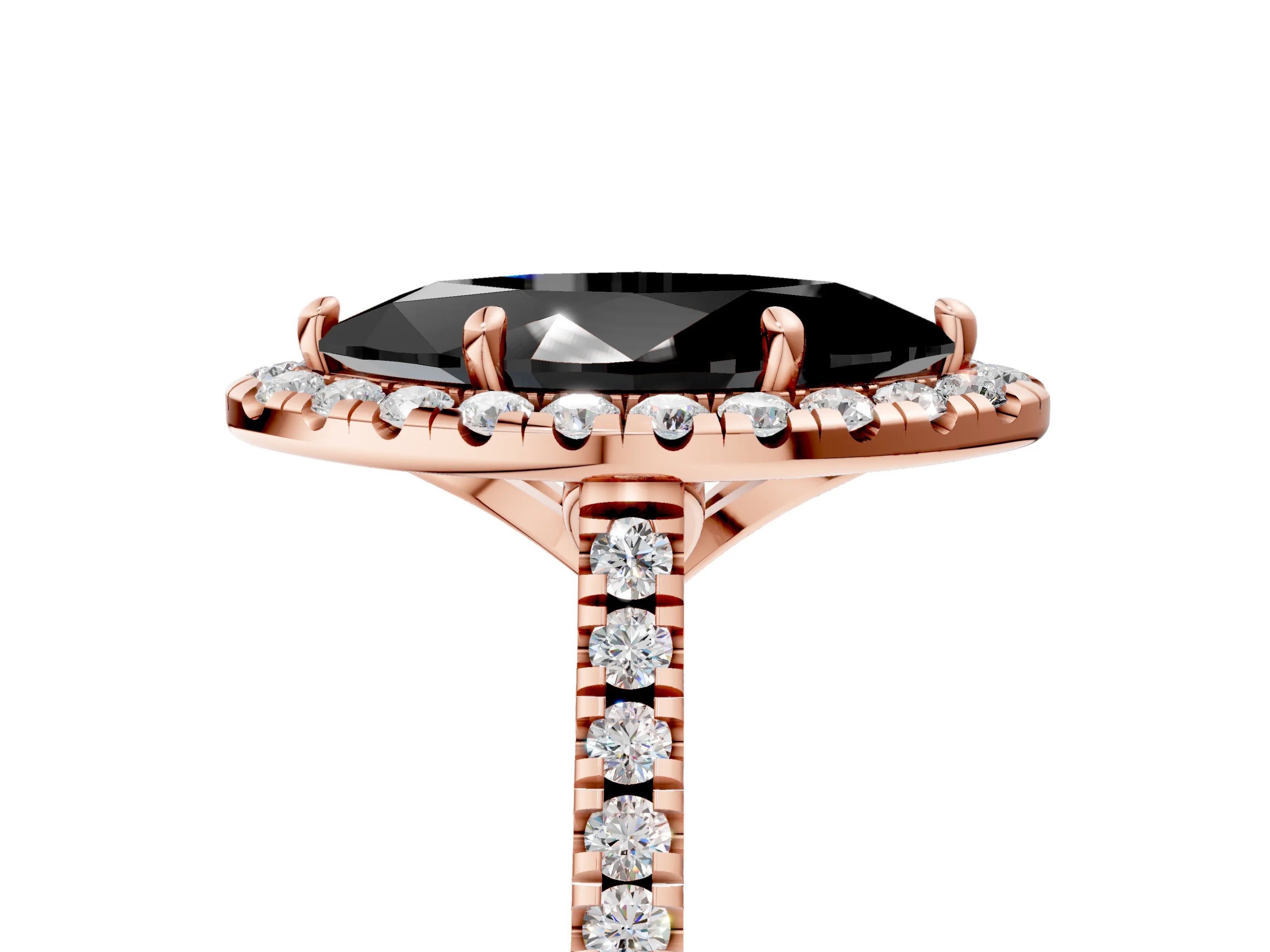 Rose gold Fancy Black Marquise Cut Diamond Cushion Halo Ring with Pavé Band_5