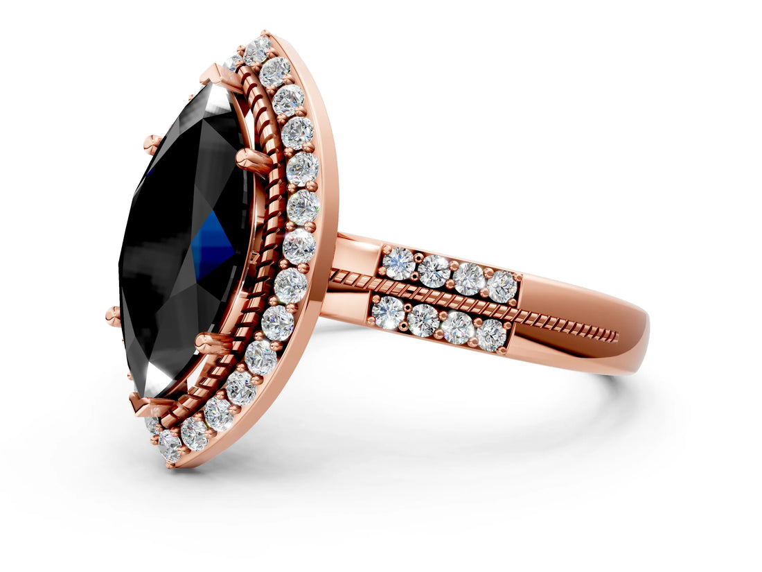Rose gold Fancy Black Marquise Cut Diamond Double Halo Ring with Split Shank and Four-Prong Setting