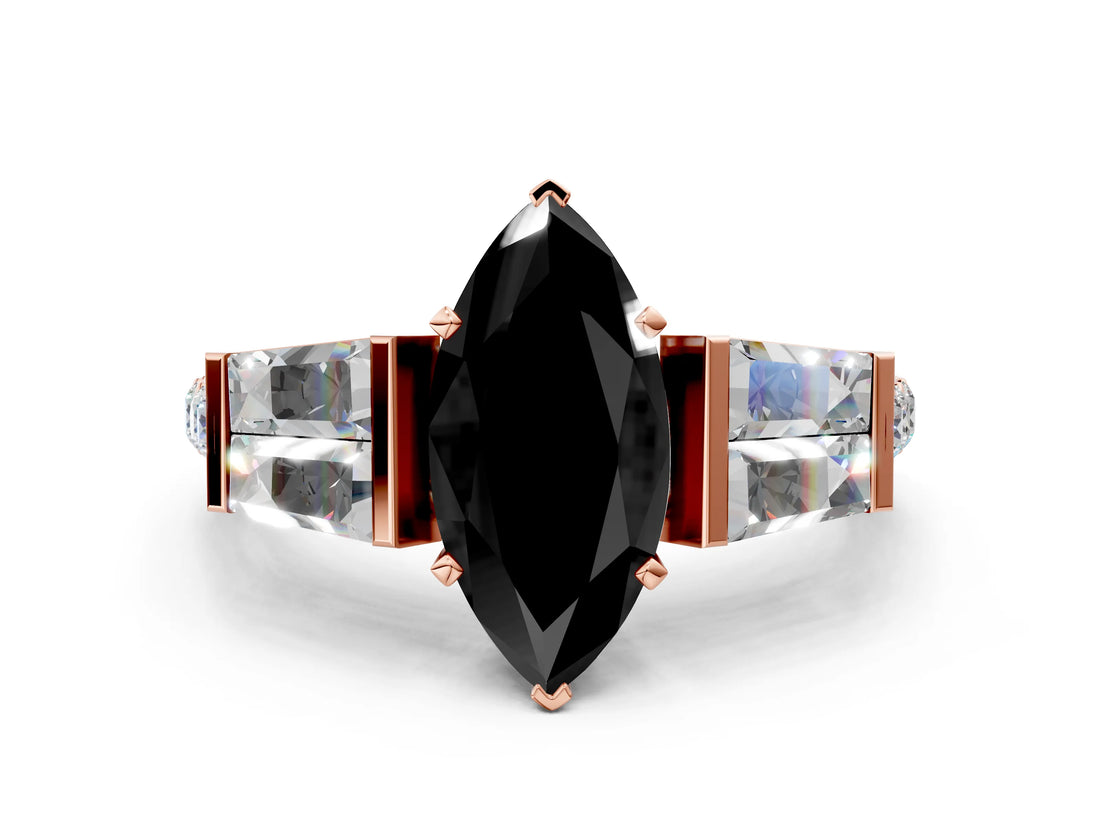 Rose gold Fancy Black Marquise Cut Diamond Engagement Ring with Baguette Side Stones and Channel Set Band_12