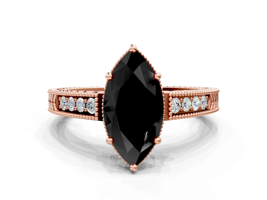 Rose gold Fancy Black Marquise Cut Diamond Engagement Ring with Milgrain Channel Set Band and Prong Setting