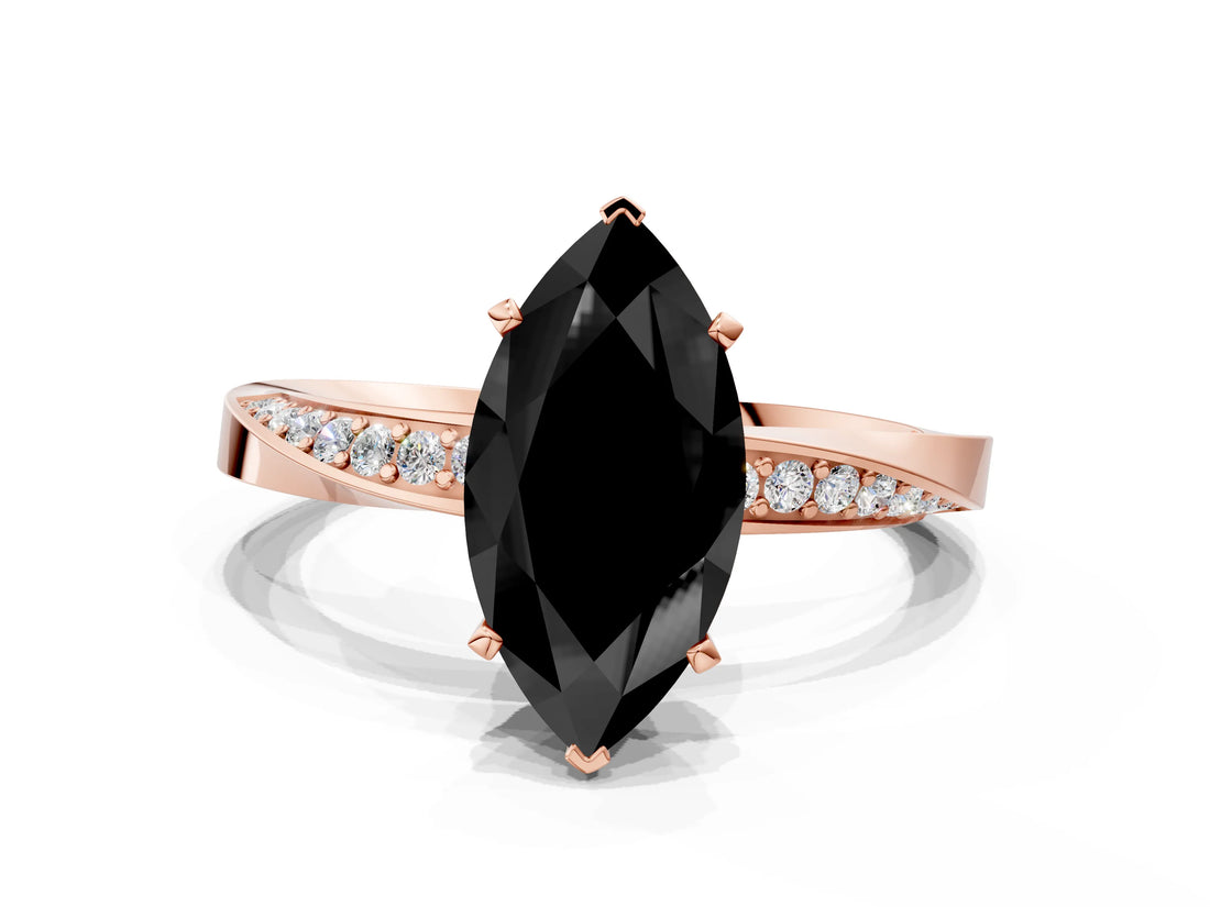 Rose gold Fancy Black Marquise Cut Diamond Engagement Ring with Side Stone Accents and Four-Prong Setting_12
