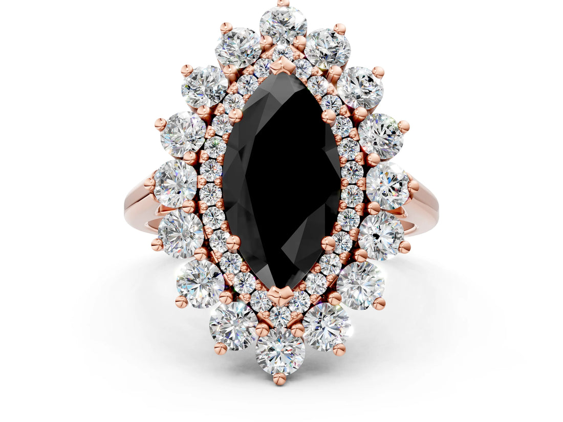 Rose gold Fancy Black Marquise Cut Diamond Floral Double Halo Engagement Ring with Prong Setting_24