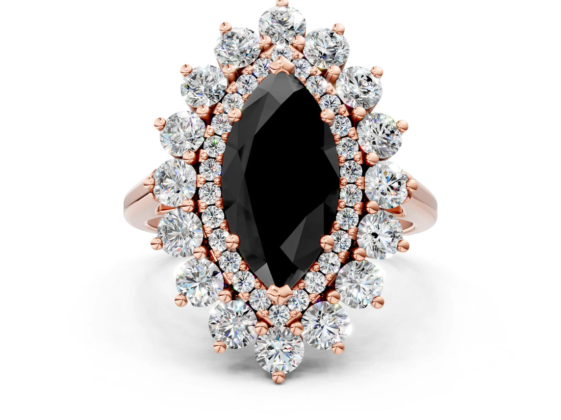 Rose gold Fancy Black Marquise Cut Diamond Floral Double Halo Engagement Ring with Prong Setting_72